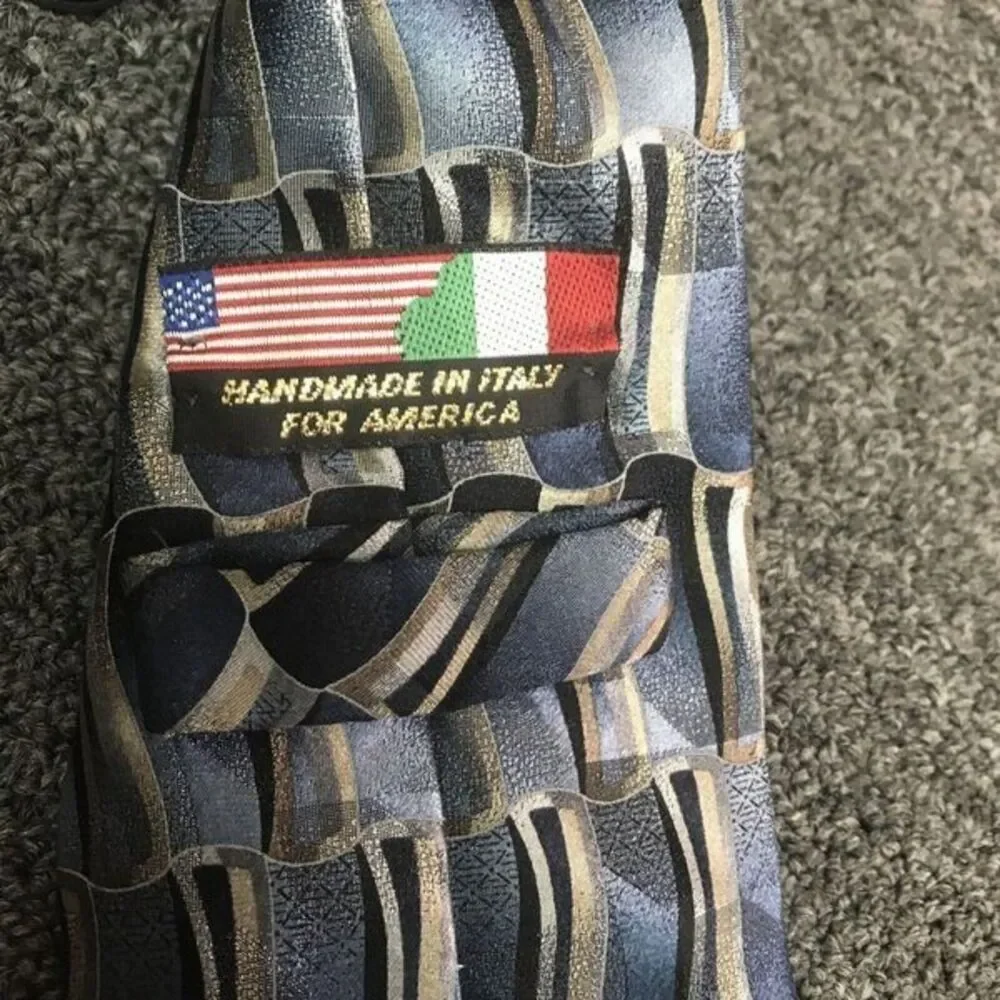Made In Italy For America Blue Brown Geo Silk  Men Tie W: 4” by L: 59” Lined